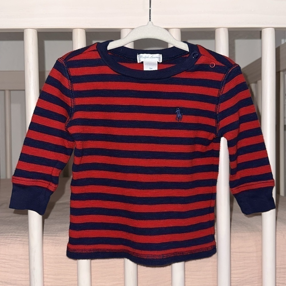 Ralph Lauren Baby Boy Navy + Red Striped 100% Cotton Pullover Sweater Comfy 9 M